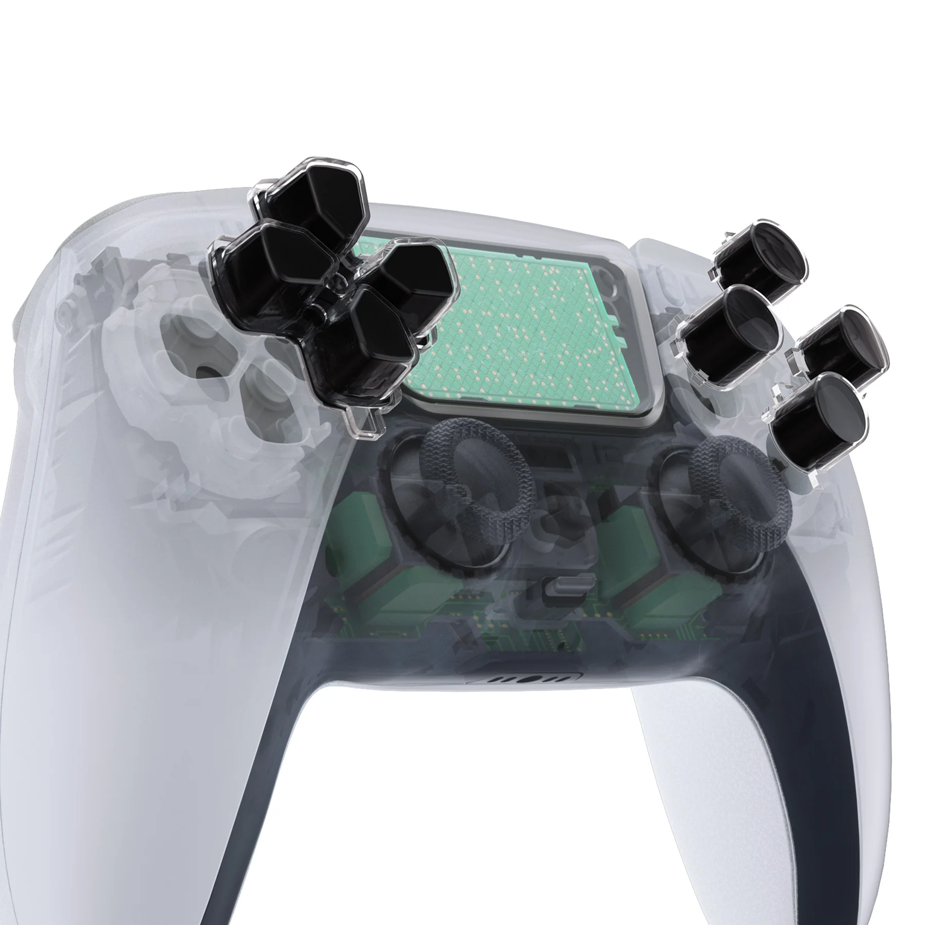 eXtremeRate Replacement No Letter Imprint Two-Tone Dpad Action Buttons for PS5 Controller - Black & Clear