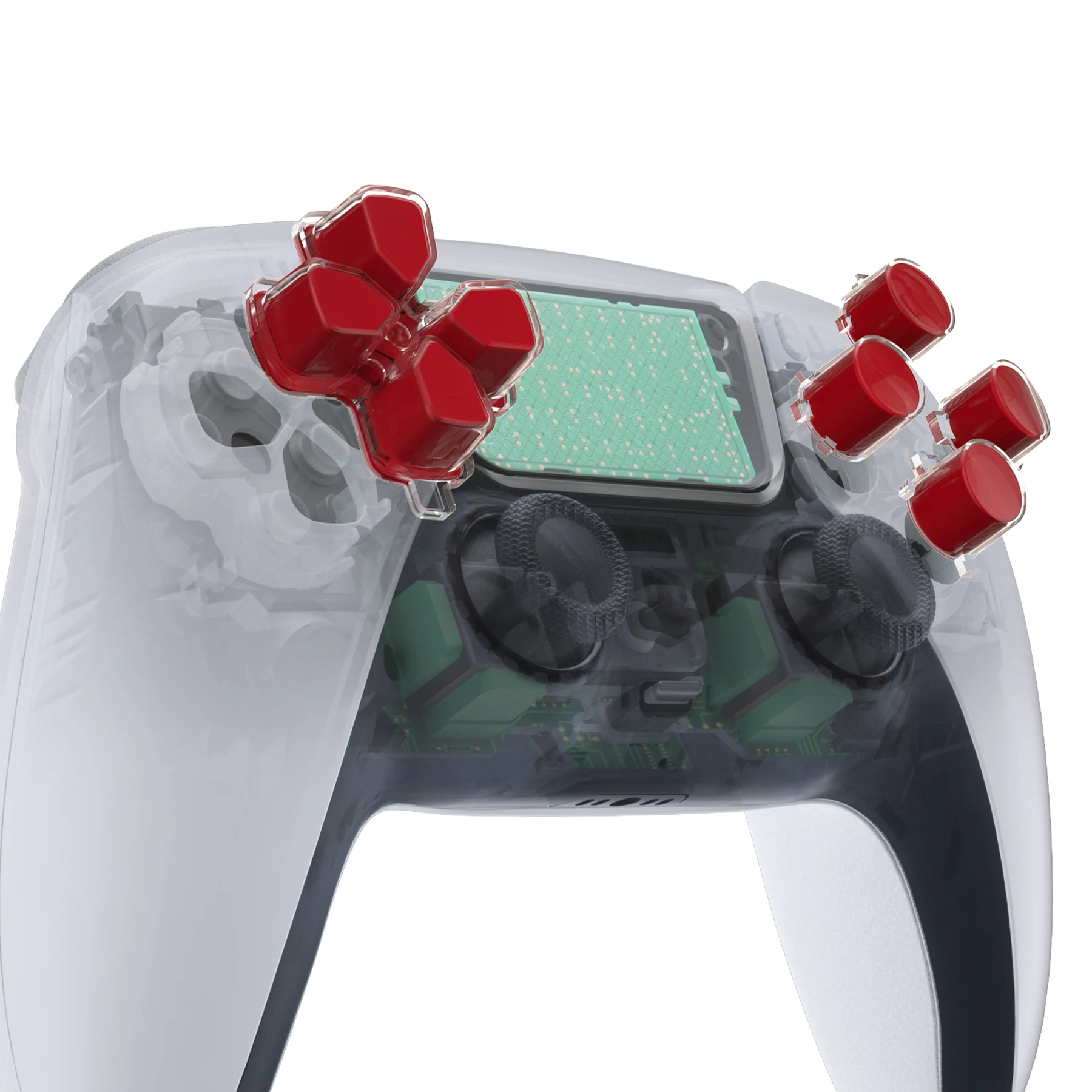 eXtremeRate Replacement No Letter Imprint Two-Tone Dpad Action Buttons for PS5 Controller - Carmine Red & Clear