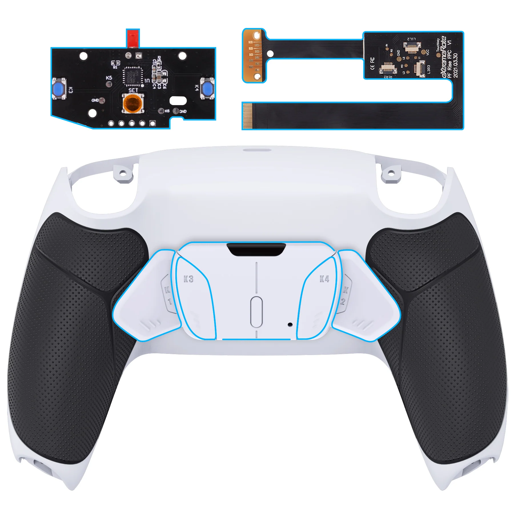 eXtremeRate Remappable RISE4 Remap Kit for PS5 Controller BDM-010/020 - Rubberized Black Grip with White Back Paddles